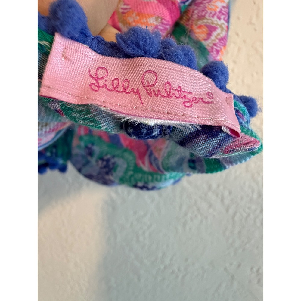 Lilly Pulitzer Tropical Pineapple Palm Print Infinity Scarf with Pom Pom Trim - Picture 4 of 6